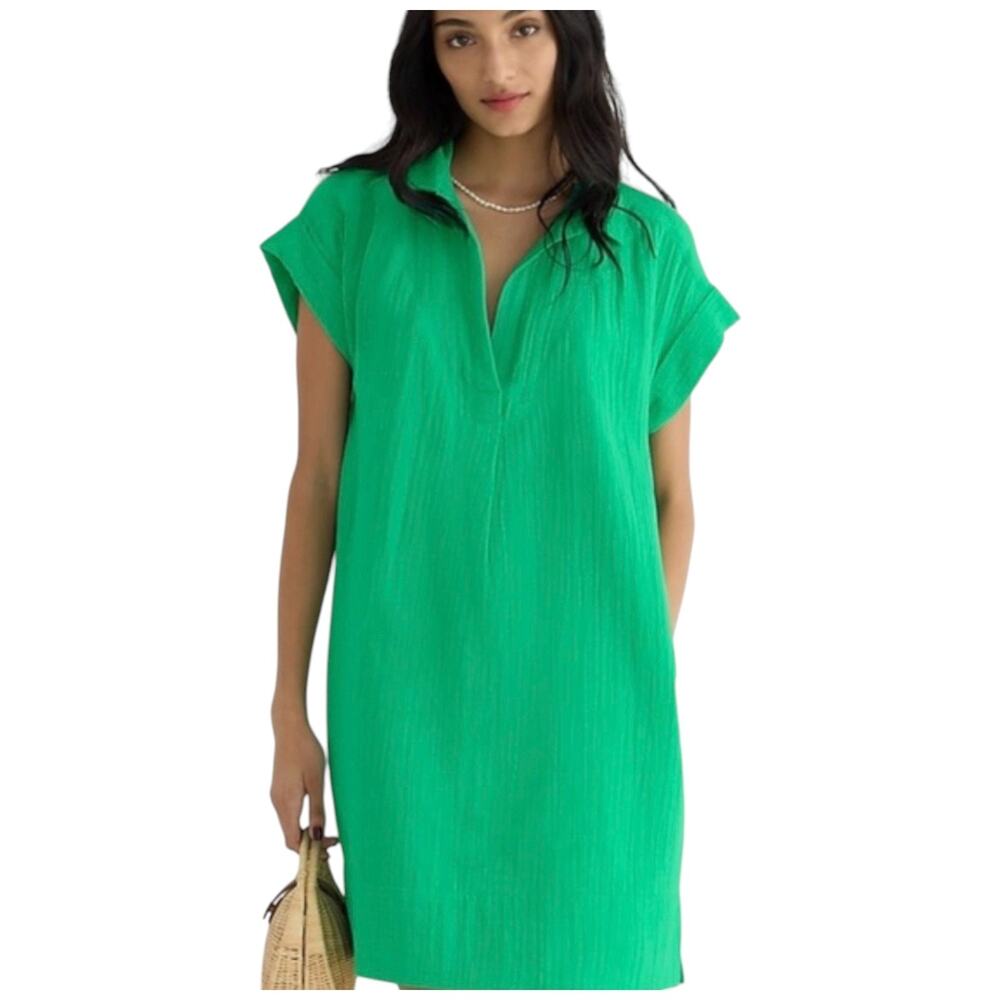 J.Crew Green Shift Dress 100% Cotton V Neck Short Sleeve Soft Casual Mini S